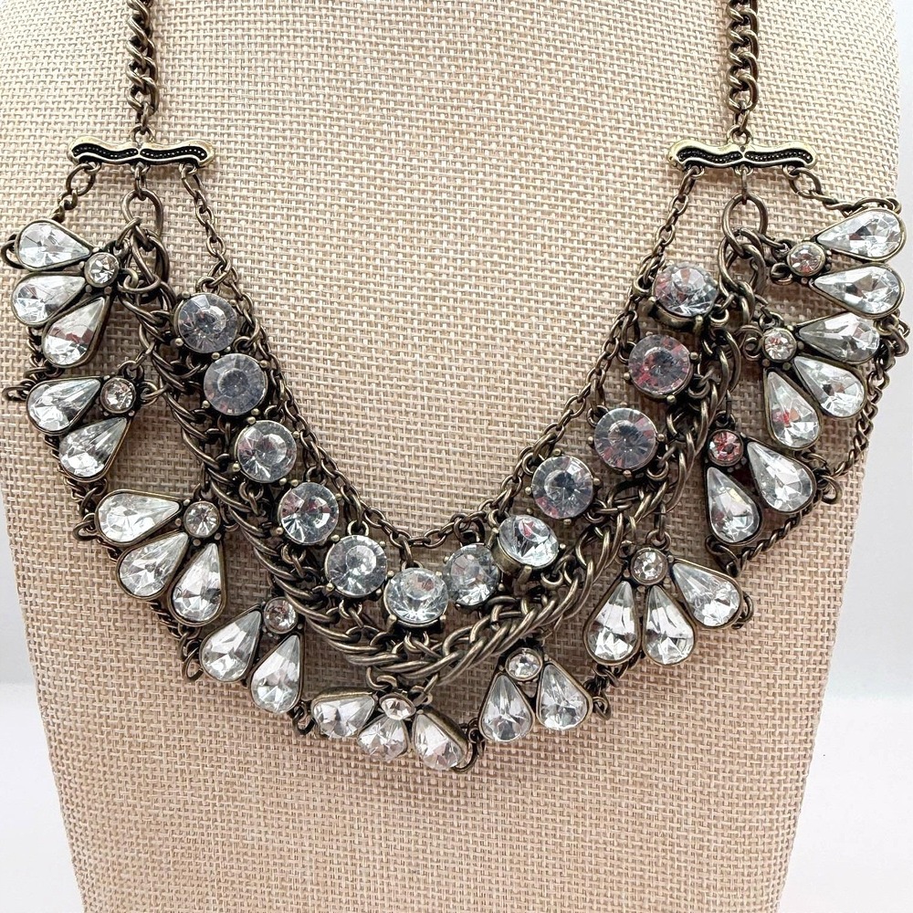 Vintage Y2K Brass Tone Multi Strand Rhinestone Teardrop Bib Necklace Jewelry 90s